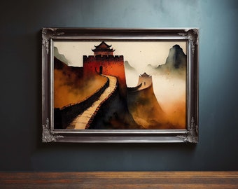 Vintage Painting Great Wall of China, Great Wall of China Painting, China Oil Painting, Cityscape Painting, Buildings Painting, Digital