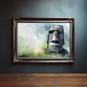 Vintage The Moai of Easter Island Painting, Vintage Easter Island Water Color Painting, Oil Painting, Landscape Painting, Cityscape