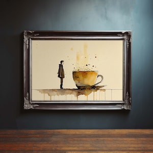 Pintura de café vintage de xícara de café, pintura em aquarela vintage, pintura a óleo de café, pintura de decoração de casa, arte latte, pintura latte