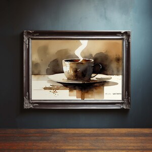 Pintura de café vintage de xícara de café, pintura em aquarela vintage, pintura a óleo de café, pintura de decoração de casa, arte latte, pintura latte