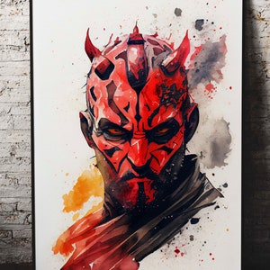 May include: Watercolour painting of a red and black character with horns. The character has a fierce expression and is surrounded by splashes of paint.