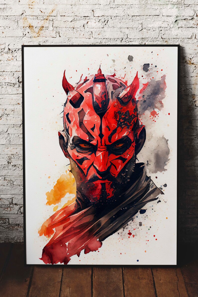 May include: Watercolour painting of a red and black character with horns. The character has a fierce expression and is surrounded by splashes of paint.