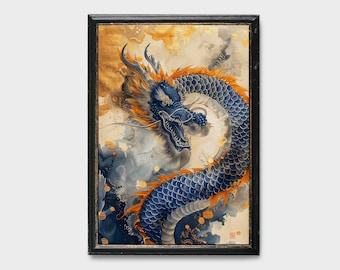 May include: A framed painting of a blue and orange dragon with a golden background. The dragon is depicted in a swirling, dynamic pose with its head turned towards the viewer.