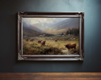Könnte beinhalten: Ein gerahmtes Ölgemälde, das eine schottische Hochlandlandschaft mit einer Herde brauner Highland-Rinder zeigt, die auf einer Weide grasen. Das Gemälde zeigt einen bewölkten Himmel und sanfte Hügel im Hintergrund.