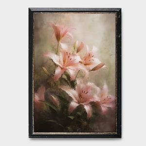 Vintage Landschaft Blumen Lilien Rosa, Lilie Blume Aquarell Malerei, Ölgemälde, Landschaftsmalerei, Pflanzenmalerei DIGITAL DOWNLOAD