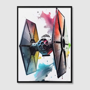 May include: A watercolor painting of a TIE fighter from Star Wars. The fighter is painted in shades of blue, green, yellow, orange, and red. The background is a white canvas with splashes of color.
