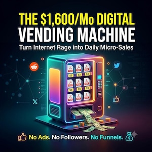 May include: A neon-lit vending machine graphic displaying PDF icons with $3 price tags, dispensing paper money. Text reads: THE $1,600/MO DIGITAL VENDING MACHINE, Turn Internet Rage into Daily Micro-Sales, and No Ads. No Followers. No Funnels.