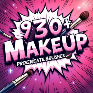 Może przedstawiać: Różowa i biała grafika w stylu komiksu z tekstem "930+ MAKEUP PROCREATE BRUSHES" i obrazami pędzli do makijażu.