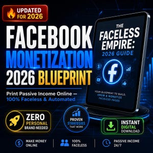 May include: A digital guide titled The Faceless Empire: 2026 Guide displayed on a tablet screen. The graphic features bold text reading Facebook Monetization 2026 Blueprint, with icons for a rocket, download, and growth charts on a dark blue background.