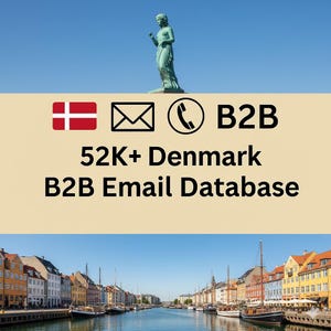 Pode incluir: Uma vista pitoresca de Copenhaga, Dinamarca, com um canal, barcos e edifícios coloridos. A imagem inclui uma estátua, a bandeira dinamarquesa e o texto "52K+ Denmark B2B Email Database."