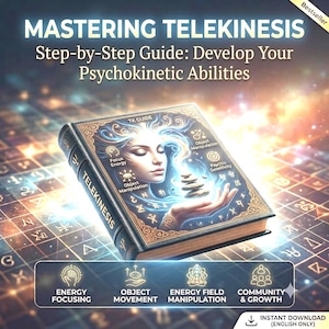 May include: A hardcover book titled Mastering Telekinesis: Step-by-Step Guide: Develop Your Psychokinetic Abilities. The cover features an illustration of a person with glowing energy, stacked stones, and text including TK Guide, Energy Focusing, and Object Movement.
