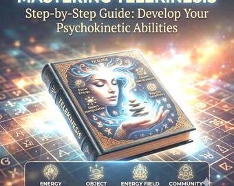Pode incluir: Um livro de capa dura intitulado Mastering Telekinesis: Step-by-Step Guide: Develop Your Psychokinetic Abilities. A capa apresenta uma ilustração de uma pessoa com energia brilhante, pedras empilhadas e texto incluindo TK Guide, Energy Focusing e Object Movement.