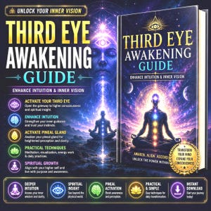 Puede incluir: Un libro titulado Third Eye Awakening Guide con una portada que muestra una figura meditando, imágenes cósmicas y el texto: Enhance Intuition & Inner Vision, Awaken, Align, Ascend, Unlock the Power Within, Transform Your Mind Expand Your Consciousness.