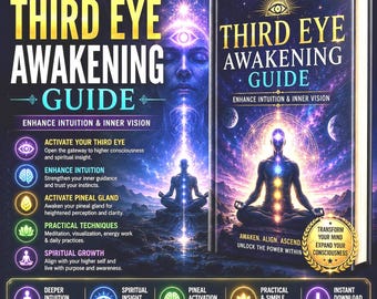May include: A book titled Third Eye Awakening Guide with a cover featuring a meditating figure, cosmic imagery, and the text: Enhance Intuition & Inner Vision, Awaken, Align, Ascend, Unlock the Power Within, and Transform Your Mind Expand Your Consciousness.