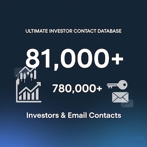 May include: A dark blue graphic with white text and icons. The text reads "ULTIMATE INVESTOR CONTACT DATABASE" and "81,000+" and "780,000+". Below the numbers is the text "Investors & Email Contacts".