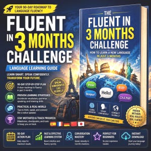May include: A language learning guide titled The Fluent in 3 Months Challenge featuring a book cover with a globe, world landmarks, and speech bubbles saying Hola, Bonjour, Hello, 你好, and こんにちは. The design includes a 90-day roadmap, icons, and text.