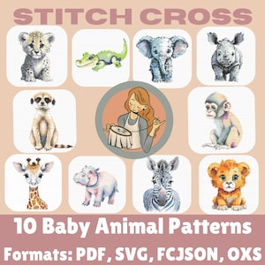 Set von 10 Safari Baby Tiere Kreuzstich PDF Muster, niedliche Aquarell Xstitch Charts für moderne DIY Kinderzimmer Dekoration, SVG & mehr!