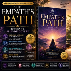 May include: The book titled The Empath's Path: Journey to Self-Discovery by Judy Dyer features a cover illustration of a person meditating at sunset. The text includes sections on understanding empathic gifts, protecting energy, healing, and growth.