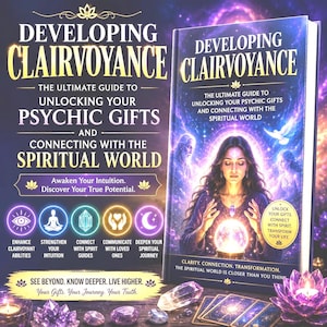May include: A book titled Developing Clairvoyance: The Ultimate Guide to Unlocking Your Psychic Gifts and Connecting with the Spiritual World. The cover features a person with a glowing crystal ball, surrounded by purple cosmic energy and tarot cards.