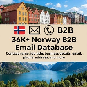 May include: An advertisement for a Norway B2B email database, featuring a picturesque view of colorful buildings and a fjord. The image includes the Norwegian flag, email and phone icons, and the text "36K+ Norway B2B Email Database."