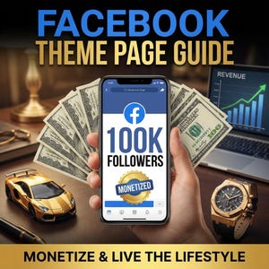 May include: Image promoting Facebook theme page guidance. A smartphone displays "100K Followers" and "Monetized" with the Facebook logo. The image includes stacks of $100 bills, a gold sports car, a luxury watch, and a laptop displaying a revenue graph.