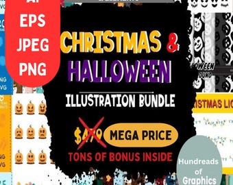 Pacchetto di illustrazioni natalizie e di Halloween: sfondi festivi, motivi senza soluzione di continuità (download digitale)