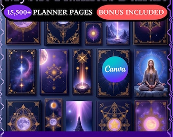 May include: A digital planner bundle with 15,500+ planner pages. The image shows a collage of 12 different planner covers with a mystical theme. Each cover features a different design with a celestial theme, including stars, moons, and galaxies. The text "Canva" is visible on one of the covers. The text "EDIT AND REBRAND AS YOUR OWN" is at the bottom of the image.
