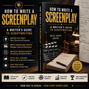 May include: A black book titled How to Write a Screenplay: A Writer's Guide to Scriptwriting, featuring gold text, a film clapperboard, a stack of papers with a pen, and a desk lamp. The cover includes the text Write. Create. Inspire.