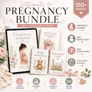 May include: A digital pregnancy bundle featuring a tablet displaying a pregnancy planner, a spiral-bound Mum Life planner, a Baby's Memory Book, and a Baby Shower Games book. The set includes icons for a pregnancy planner, baby memory book, baby shower games, and checklists, with text indicating 350+ printable pages, instant download, printable PDF, unlimited prints, and lifetime access.