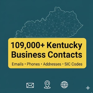 May include: A graphic with a yellow rectangle containing the text "109,000+ Kentucky Business Contacts" and the words "Emails • Phones • Addresses • SIC Codes". A blue outline of Kentucky is at the top.