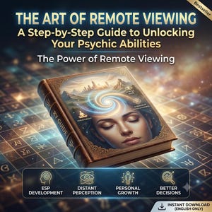 Op de afbeelding: Een boek getiteld The Art of Remote Viewing: A Step-by-Step Guide to Unlocking Your Psychic Abilities. De kaft toont een persoon met gesloten ogen en een gloeiende spiraal boven het hoofd, met iconen voor meditatie, energiewerk en bewustzijn.