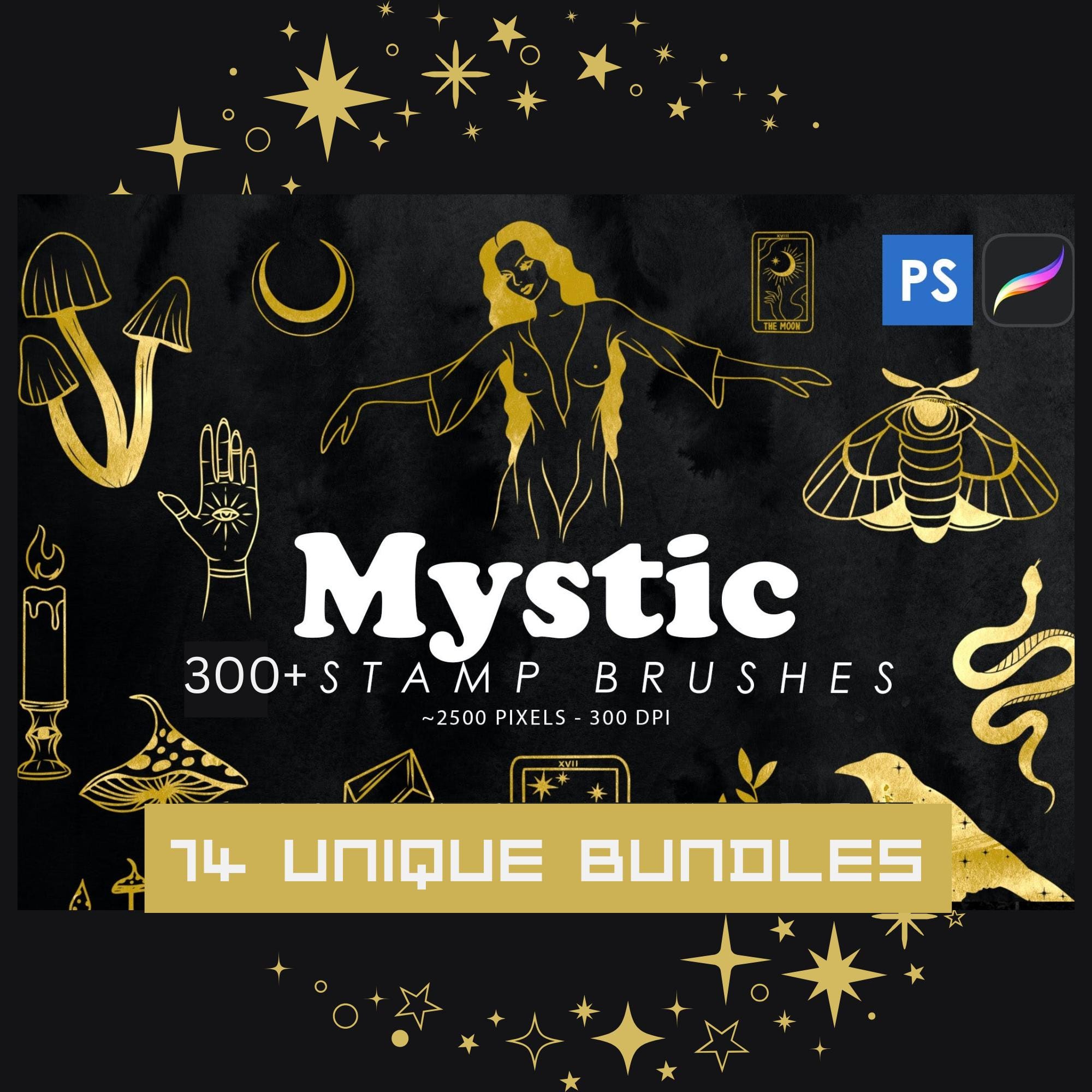 Mega Bundle: 300 High-Resolution Stamp Brushes for Photoshop & Procreate – Mystic, Zodiac, Holiday, Nature