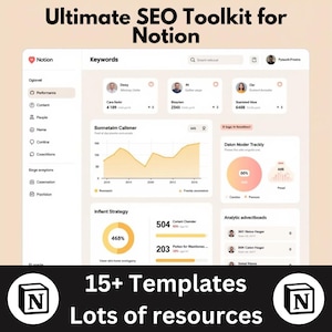 Puede incluir: Una captura de pantalla de una pantalla de computadora que muestra un espacio de trabajo de Notion con varios gráficos y diagramas relacionados con SEO. El espacio de trabajo se titula "Ultimate SEO Toolkit for Notion". El espacio de trabajo incluye un gráfico titulado "Bonnetalm Callener", un gráfico titulado "Dalun Moder Trackly" y un gráfico titulado "Analytic advectboads".