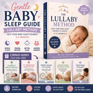 Può includere: Un pacchetto di prodotti digitali intitolato The Lullaby Method, una guida al sonno dolce per neonati da 0 a 3 mesi. Include un libro principale con un neonato che dorme e cinque guide bonus su temi come lo svezzamento notturno e le routine.