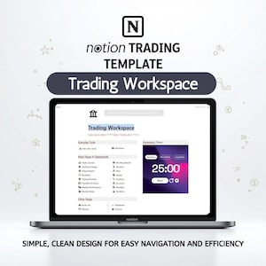Könnte beinhalten: Ein Laptop-Computer, der eine Notion-Workspace-Vorlage für den Handel anzeigt. Der Workspace ist in Abschnitte für alltägliche Tools, Hauptseiten und Dashboards sowie andere Seiten gegliedert. Ein Pomodoro-Timer wird auf dem Bildschirm angezeigt und zeigt 25:00 an.