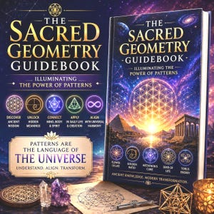 May include: The Sacred Geometry Guidebook: Illuminating the Power of Patterns is a hardcover book featuring a cosmic cover with a glowing flower of life symbol, pyramids, and ancient structures. It includes text about universal patterns and symbols.