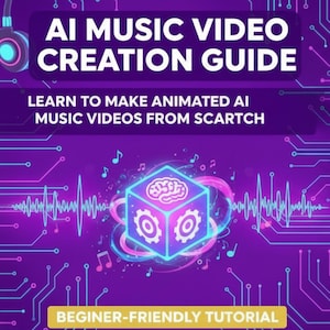 Puede incluir: Un diseño gráfico púrpura y azul con el texto "AI MUSIC VIDEO CREATION GUIDE". La imagen incluye notas musicales, un cerebro dentro de un cubo y el texto "APRENDE A CREAR VIDEOS MUSICALES DE IA ANIMADOS DESDE CERO" y "TUTORIAL PARA PRINCIPIANTES".