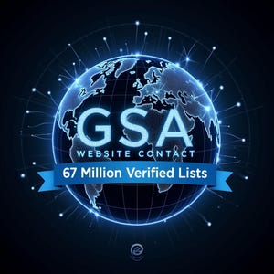 May include: A blue glowing globe with a digital grid pattern and a blue ribbon with the text "GSA Website Contact 67 Million Verified Lists".