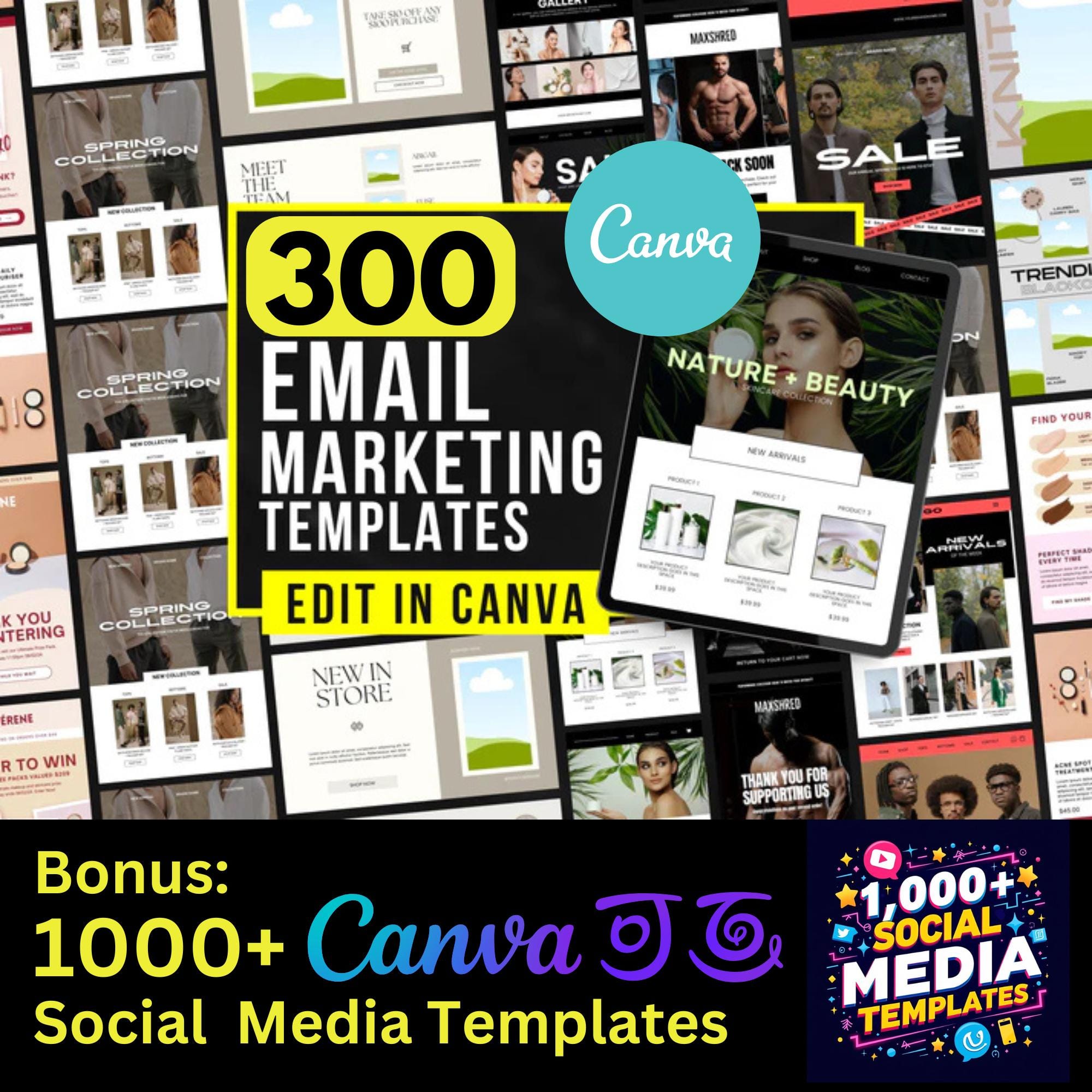 300 Email Marketing Canva Templates + 1000 Social Media Templates Bundle