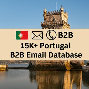 May include: Image features a stone tower with a blue sky background. A banner displays the Portuguese flag, an envelope, a phone icon, and the text "B2B 15K+ Portugal B2B Email Database."