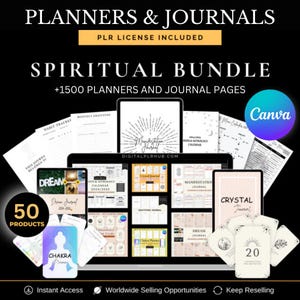 May include: A digital product bundle of over 1500 planners and journal pages with a spiritual theme. The bundle includes a variety of designs, such as a dream journal, a chakra planner, a manifestation journal, and a crystal journal. The text "PLR LICENSE INCLUDED" is displayed on the image.