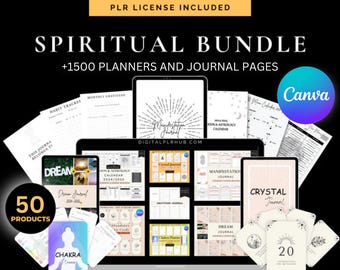 May include: A digital product bundle of over 1500 planners and journal pages with a spiritual theme. The bundle includes a variety of designs, such as a dream journal, a chakra planner, a manifestation journal, and a crystal journal. The text "PLR LICENSE INCLUDED" is displayed on the image.