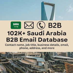 Peut inclure: Un graphique avec un drapeau saoudien vert et blanc, une icône de courriel, une icône de téléphone et le texte "B2B 102K+ Arabie Saoudite Base de données de courriels B2B Nom de contact, titre de poste, détails de l'entreprise, courriel, téléphone, adresse et plus".