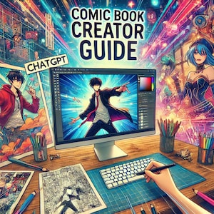 May include: A computer screen displaying a comic book character with a blue background. The screen is on a desk with a keyboard, pencils, and a drawing tablet. The text "COMIC BOOK CREATOR GUIDE" is at the top of the image. The text "CHATGPT" is in the upper left corner of the image.