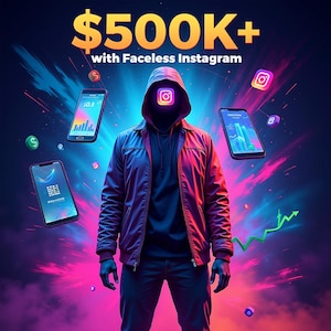 May include: A person wearing a red jacket and black hoodie with an Instagram logo on the hood stands in front of a colorful background. The background features a green upward arrow, a blue phone with a graph, and a blue phone with a social media app. The text "$500K+ with Faceless Instagram" is at the top of the image.