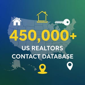 May include: An image with a gradient blue and green background. The image features a map of the United States with the text "450,000+ US REALTORS CONTACT DATABASE" in yellow and white. Icons of a house, key, and location markers are also present.