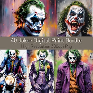 MEGA PAQUETE: Paquete de acuarela Joker con 40 obras de arte vibrantes, descarga instantánea, decoración de pared para fanáticos del personaje icónico, impresiones digitales.