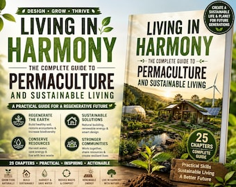May include: A book titled Living in Harmony: The Complete Guide to Permaculture and Sustainable Living. The cover features a landscape with a house, pond, and wind turbine. Text includes Design, Grow, Thrive, 25 Chapters, and Practical Skills.