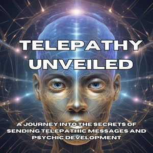 Könnte beinhalten: Eine Illustration eines menschlichen Kopfes in Blau und Gold mit dem Text "Telepathie enthüllt: Eine Reise in die Geheimnisse des Sendens telepathischer Botschaften und der psychischen Entwicklung" auf einem dunkelblauen Hintergrund mit einem Netzwerk aus leuchtenden Linien.