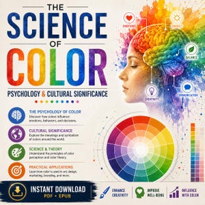 以下が含まれることがあります： 「The Science of Color: Psychology & Cultural Significance」と題された教育用インフォグラフィック。カラフルな脳を持つ人間の頭部の横顔、円形のカラーホイール、色彩理論、心理学、象徴性を説明するテキストセクションが特徴です。